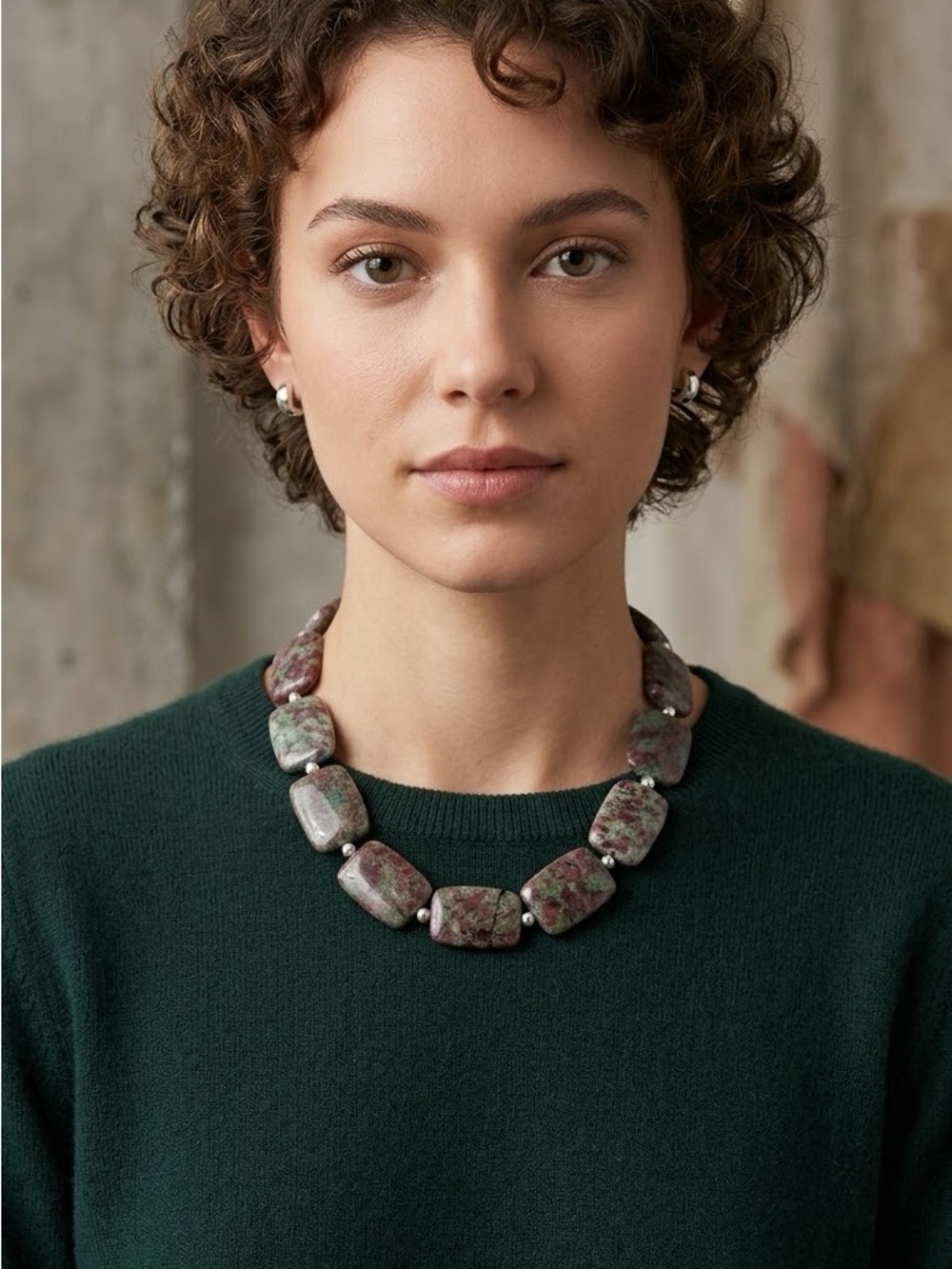 Statement Green and Red Garnet & Stone Moon Space Beads Gemstone Necklace